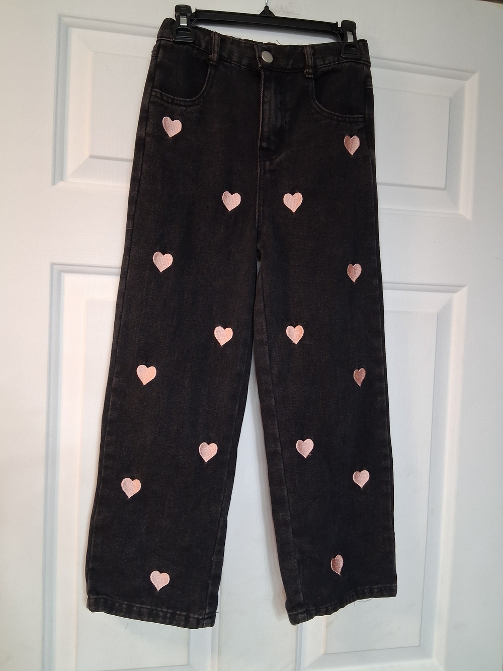 SHEIN Girls Black Jeans with Pink Heart Stitched Appliqués Size 8